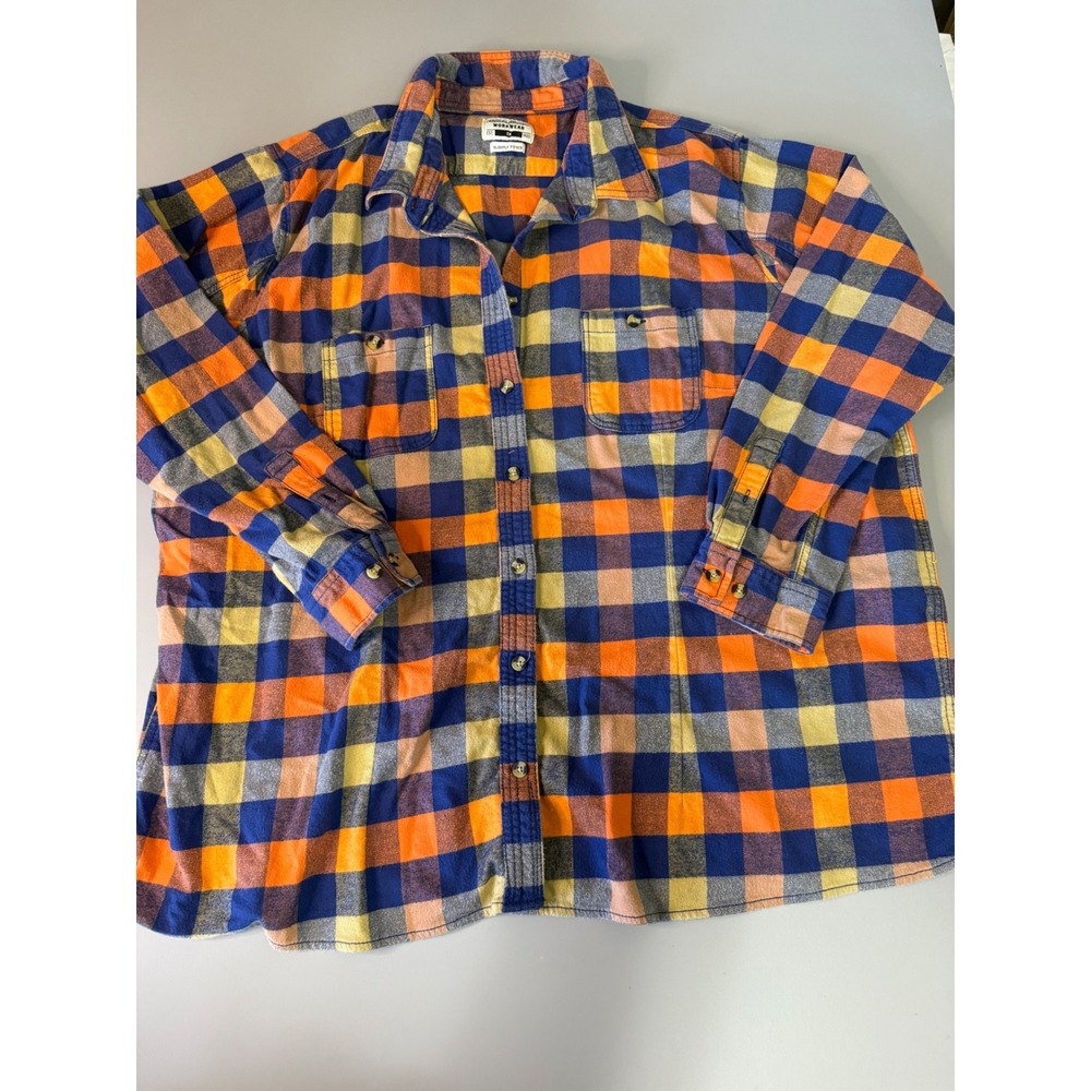 Eddie Bauer Workwear Plaid Flannel Shirt Women 3X Orange Blue Slightly Fitted